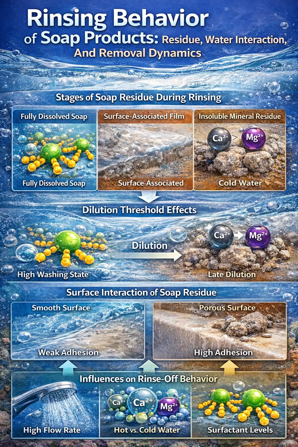 Diagram showing soap residue interacting with flowing water during rinsing