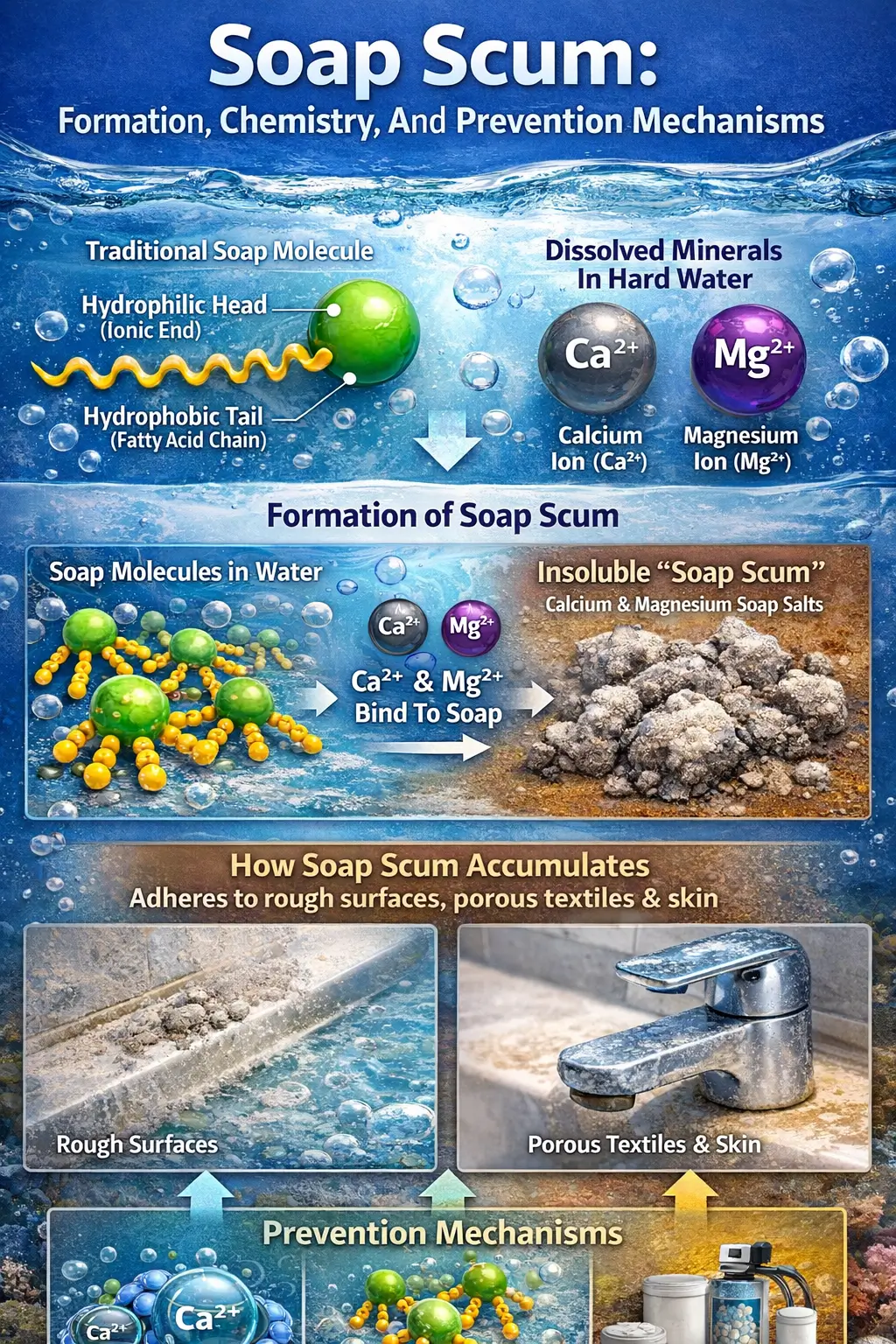 Diagram showing soap molecules binding with calcium and magnesium ions to form insoluble residue
