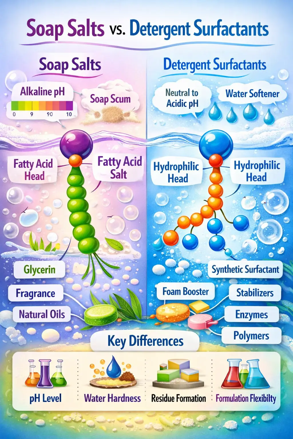 Conceptual comparison of soap salts and detergent surfactant systems
