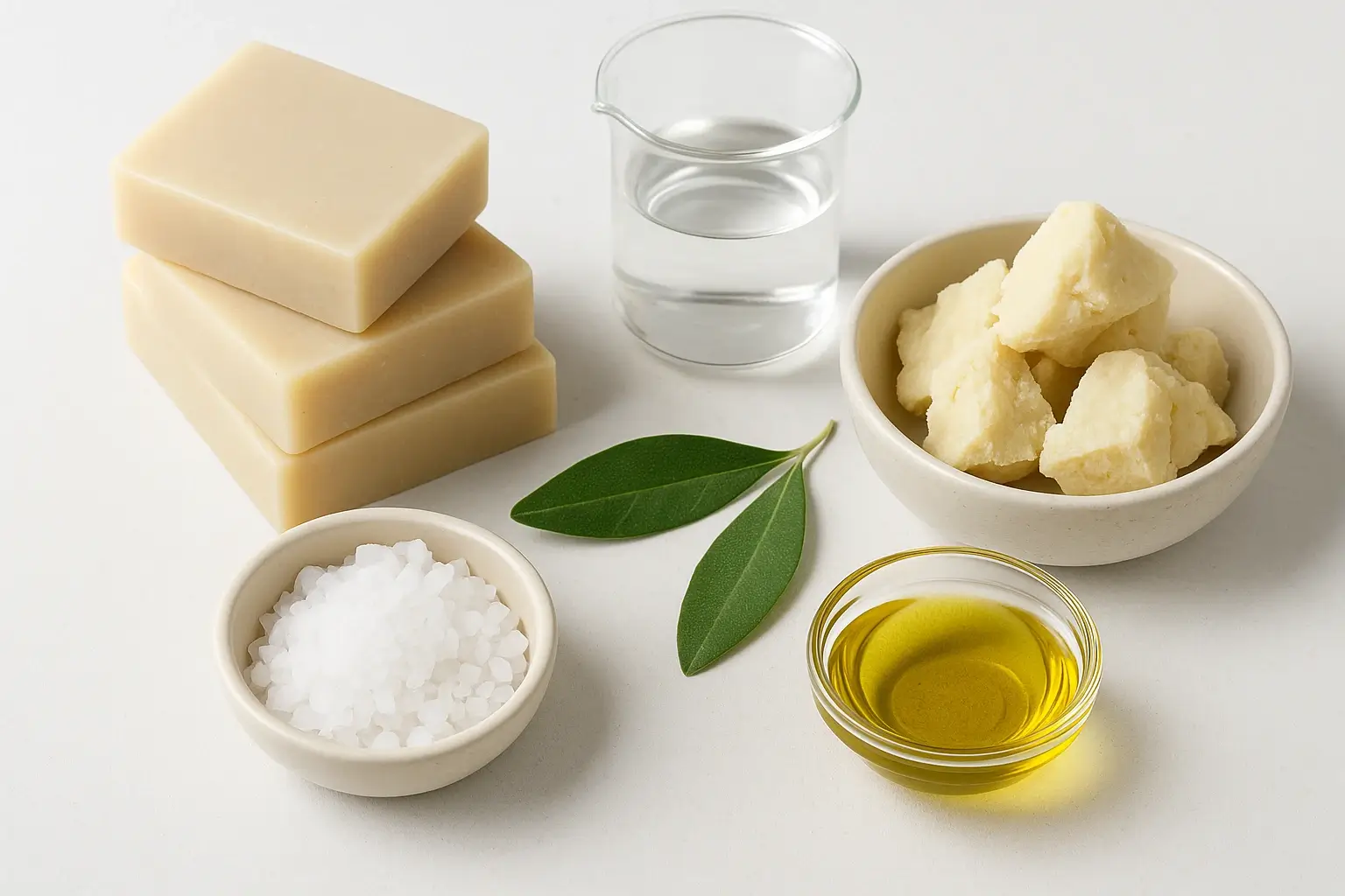 A realistic high-resolution flat-lay of natural soap bases and solid cleanser bars on a clean white surface, representing Lye-free soap alternatives and pre-saponified bases.
