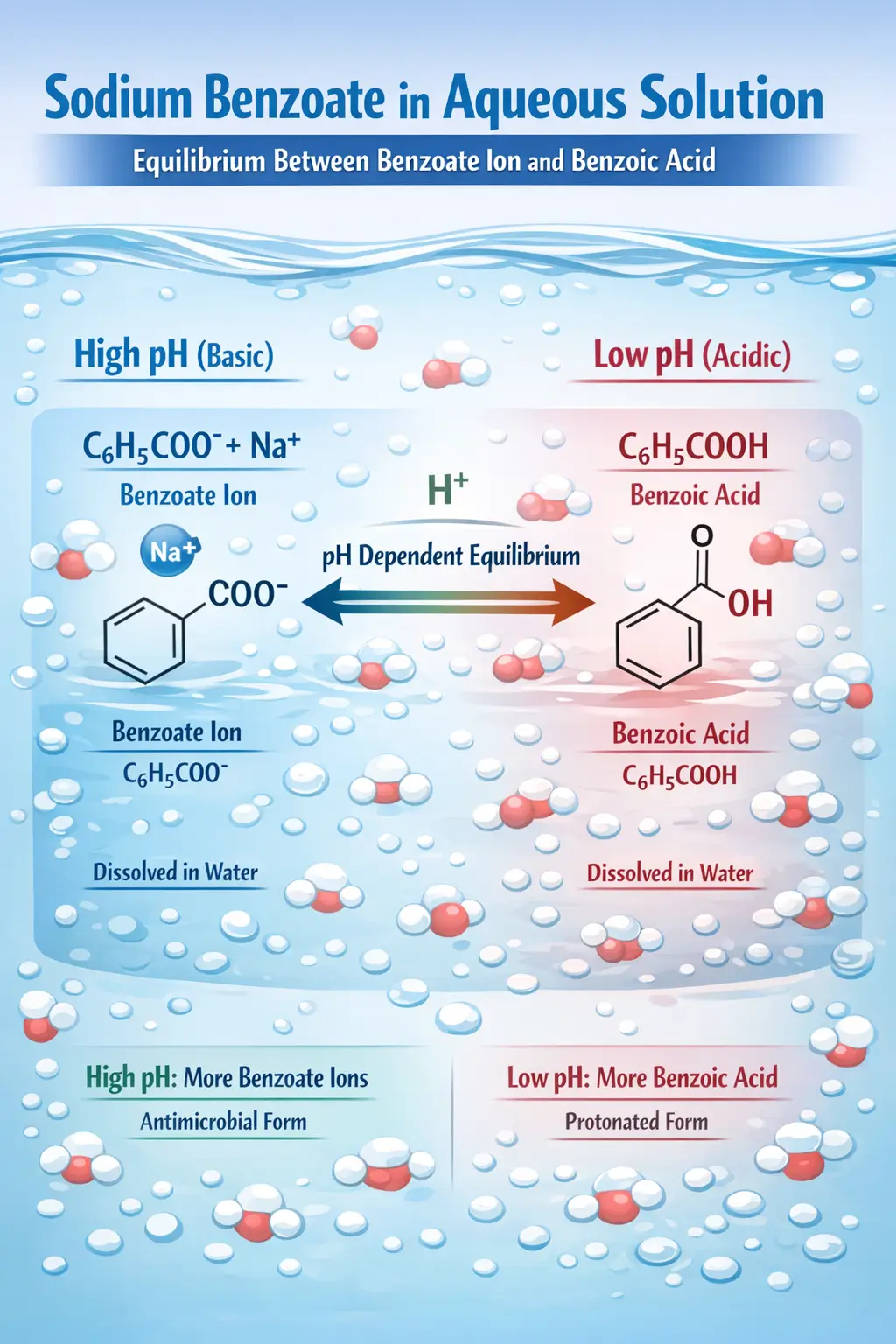 Sodium benzoate dissolved in aqueous phase showing equilibrium between benzoate ion and benzoic acid depending on pH