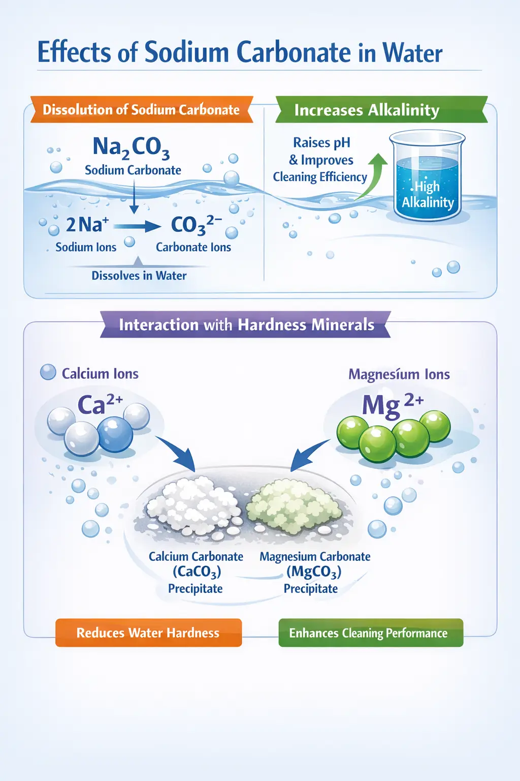 Sodium carbonate dissolving in water releasing carbonate ions that interact with calcium and magnesium to form precipitates while increasing system alkalinity