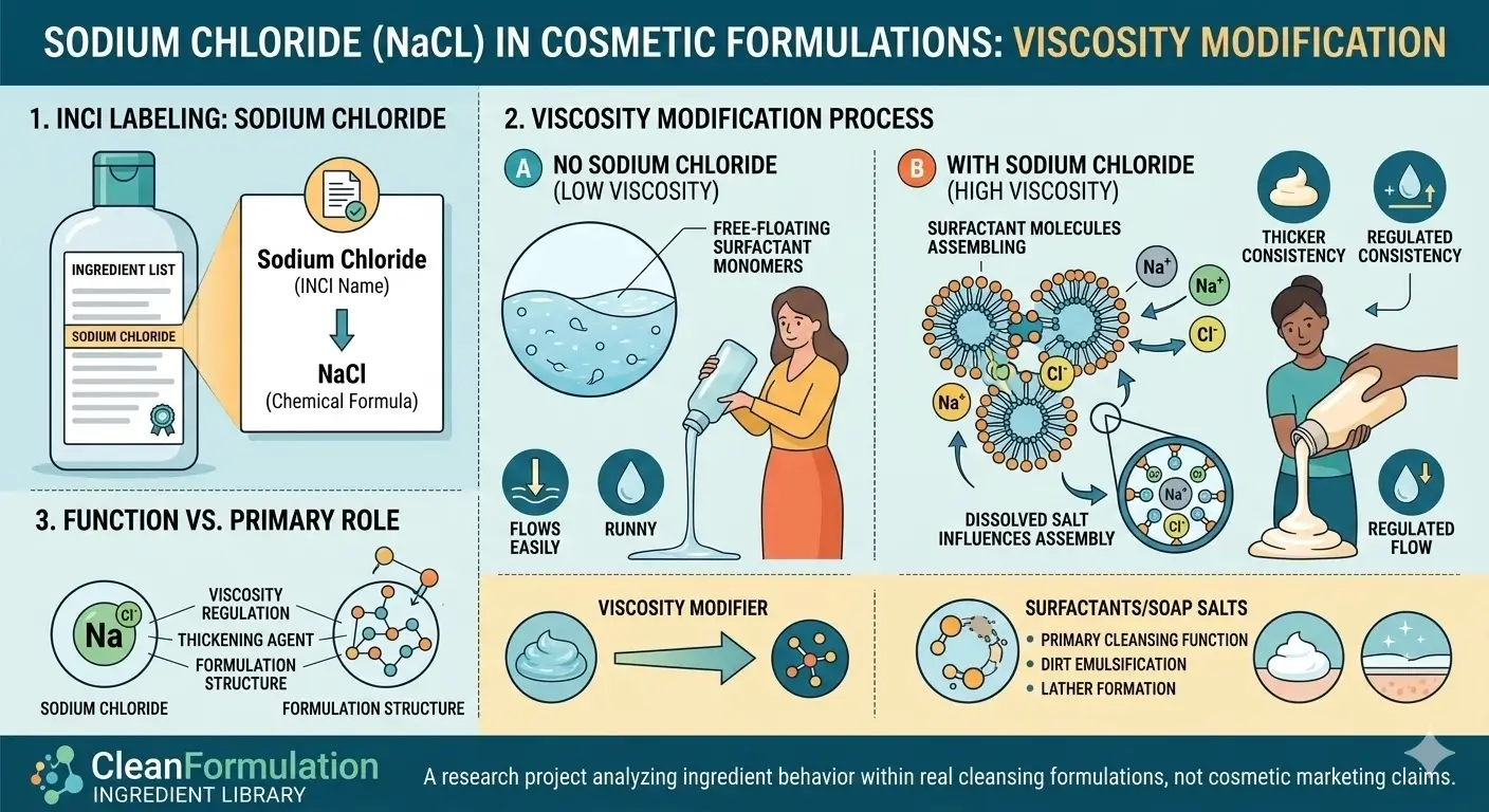 Scientific infographic illustrating how Sodium Chloride (NaCl) functions as a viscosity modifier in cleansers by influencing surfactant micelle assembly.