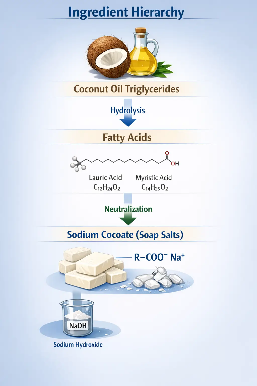 Hierarchy diagram showing coconut oil triglycerides converted into fatty acids and then into sodium cocoate soap salts