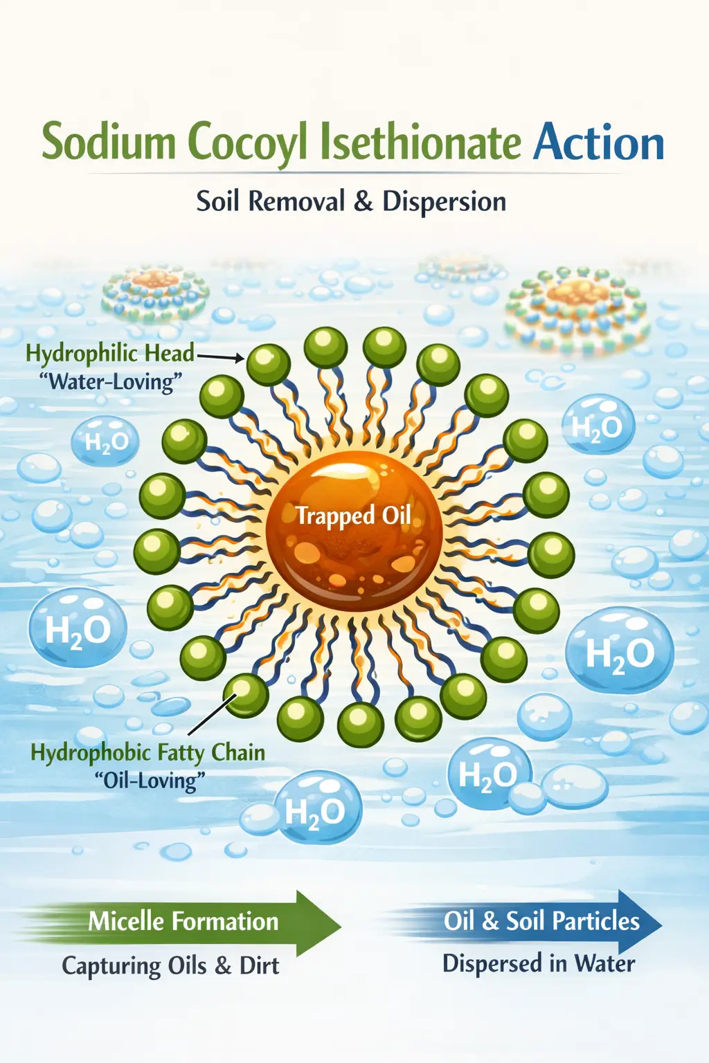 Diagram showing Sodium Cocoyl Isethionate molecules forming micelles with hydrophobic tails inward and hydrophilic heads outward in water