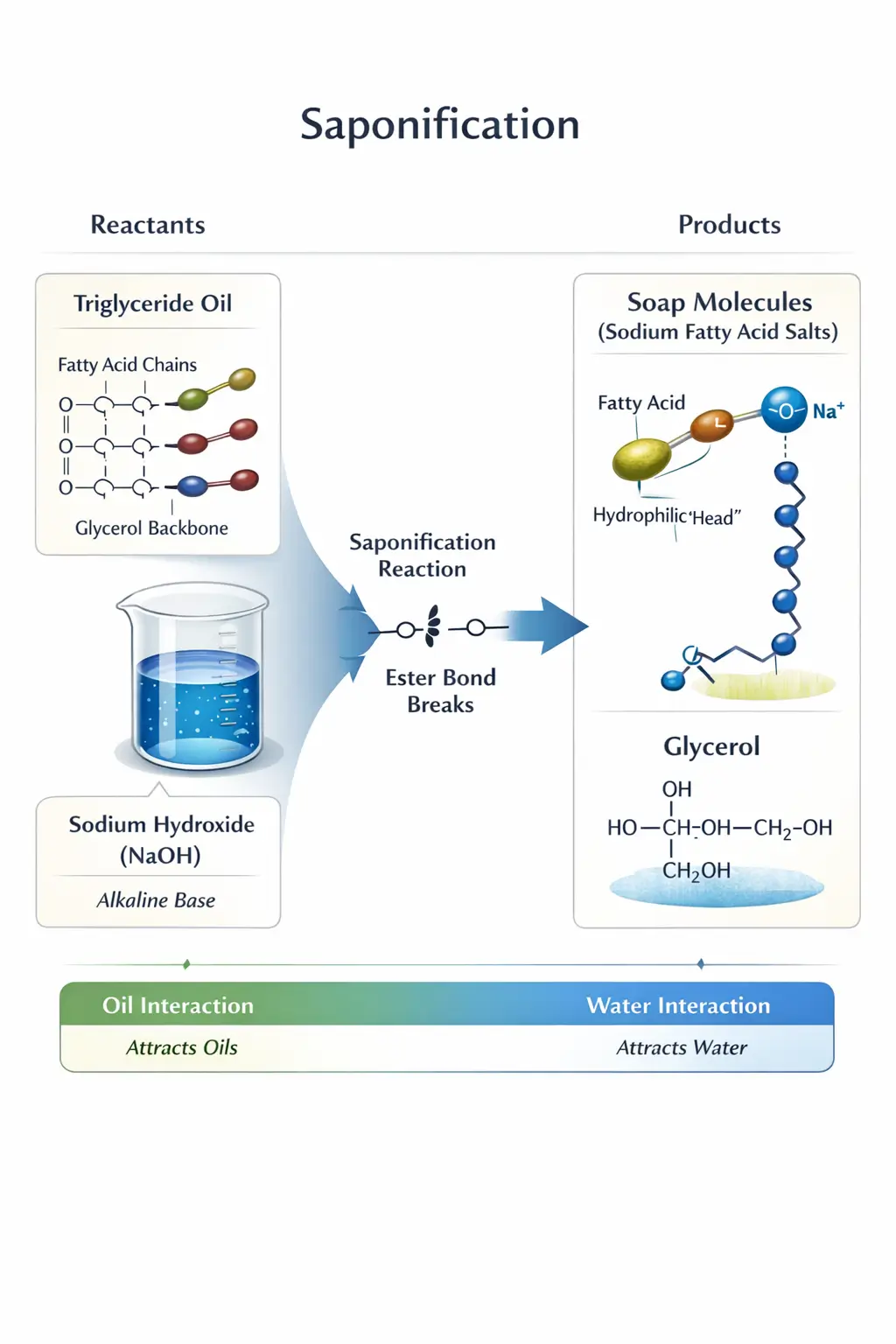 Interaction diagram showing sodium hydroxide reacting with triglyceride oils during saponification to produce soap molecules and glycerol