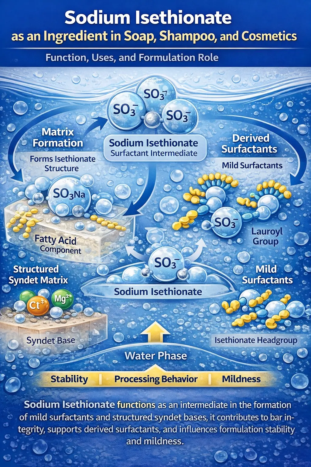 Diagram showing sodium isethionate as a surfactant intermediate forming part of a structured syndet matrix and interacting with derived surfactants in aqueous phase