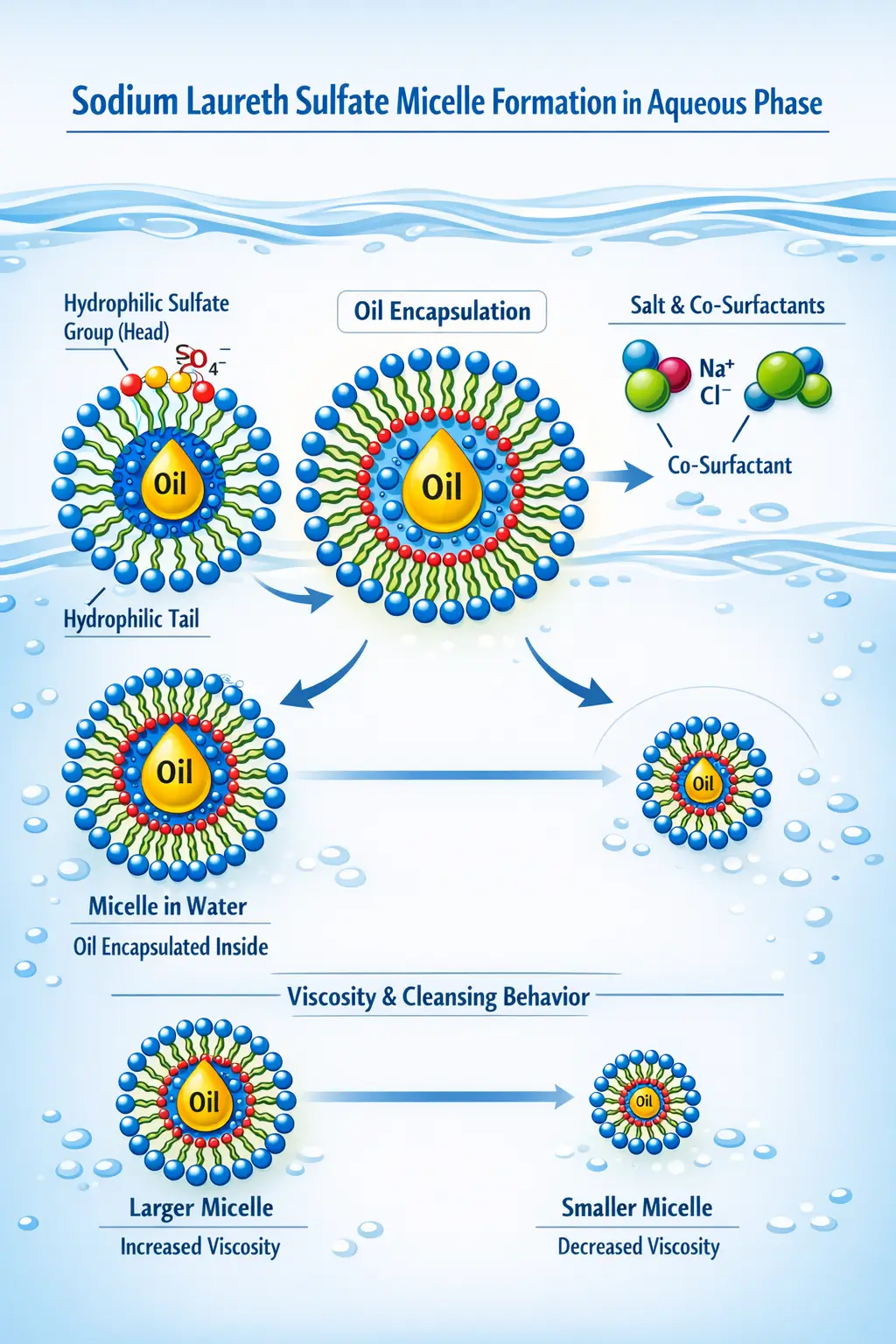 Diagram showing Sodium Laureth Sulfate micelle formation in aqueous phase encapsulating oils and interacting with salts