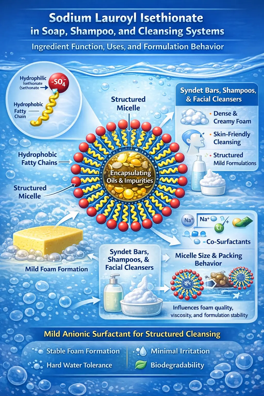 Diagram showing Sodium Lauroyl Isethionate micelle formation in aqueous cleansing systems with hydrophobic fatty chains forming the core and hydrophilic isethionate groups interacting with water, encapsulating oils and supporting mild foam structure