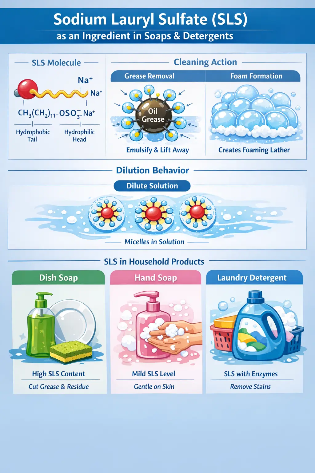 Infographic explaining how Sodium Lauryl Sulfate (SLS) functions as a surfactant in dish soap, hand soap, and laundry detergent formulations, including cleaning mechanism and formulation context.