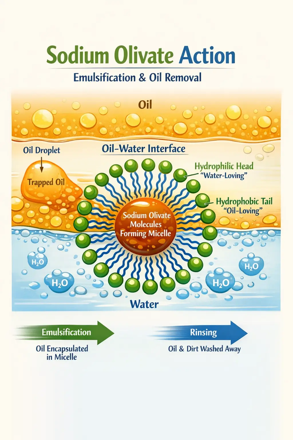 Diagram showing sodium olivate molecules forming micelles with hydrophobic tails binding oils and hydrophilic heads interacting with water