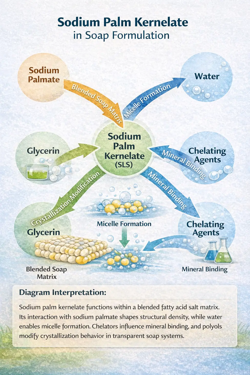 Ingredient interaction diagram showing sodium palm kernelate interacting with sodium palmitate, water, glycerin and chelating agents within a soap formulation matrix
