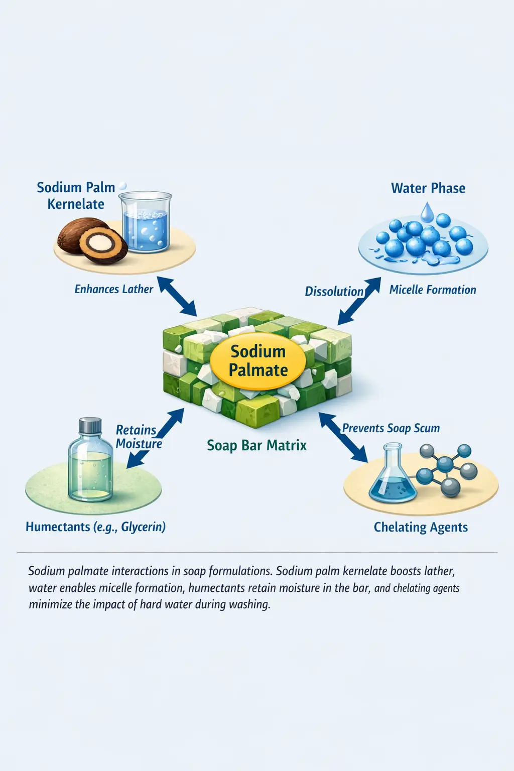 Ingredient interaction map showing sodium palmate interacting with sodium palm kernelate, water phase, glycerin humectants, and chelating agents within a soap formulation matrix