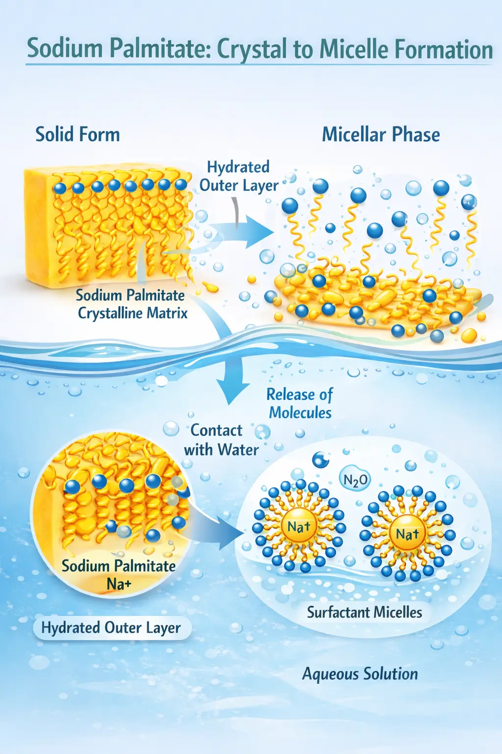 Diagram showing sodium palmitate crystalline structure transitioning to micellar phase upon contact with water