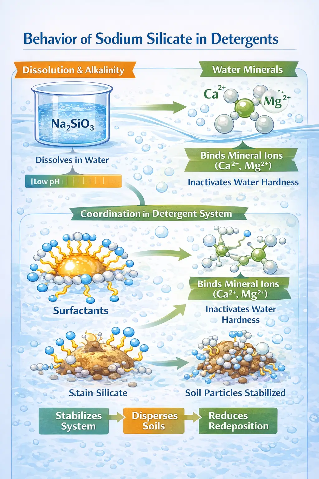 Sodium silicate interacting with water minerals surfactants and soil particles within detergent system