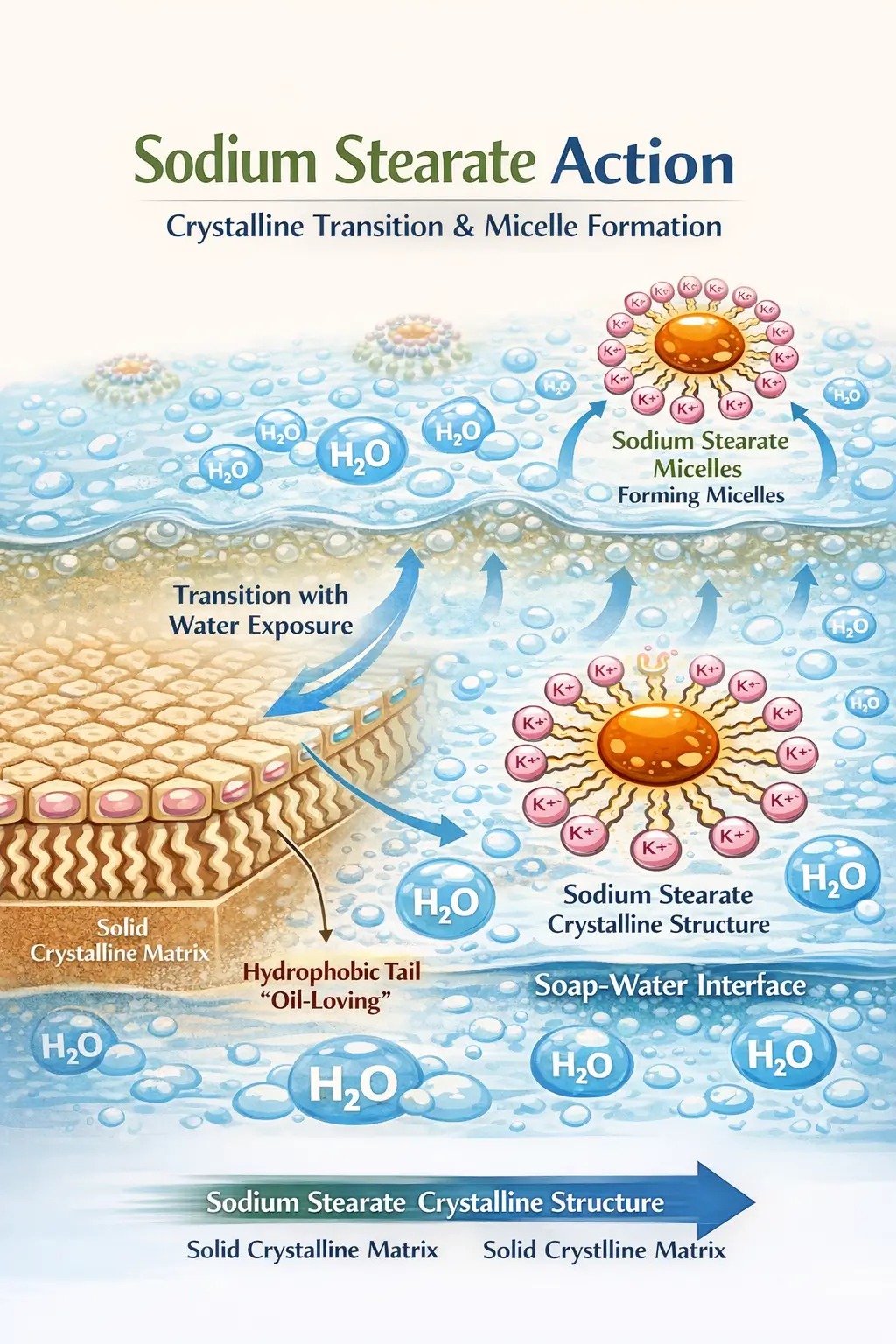 Diagram showing sodium stearate crystalline structure transitioning into hydrated surface layer and micelle formation at soap water interface