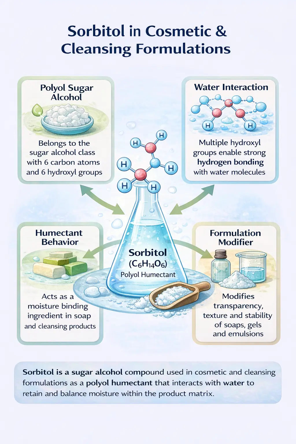 Infographic diagram explaining sorbitol as a polyol sugar alcohol humectant in cosmetic and cleansing formulations, interacting with water molecules through multiple hydroxyl groups while existing alongside soap salts that perform the primary cleansing function