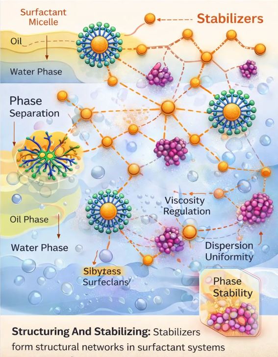 Diagram showing stabilizers forming structural networks in a surfactant system to prevent separation and maintain viscosity and dispersion