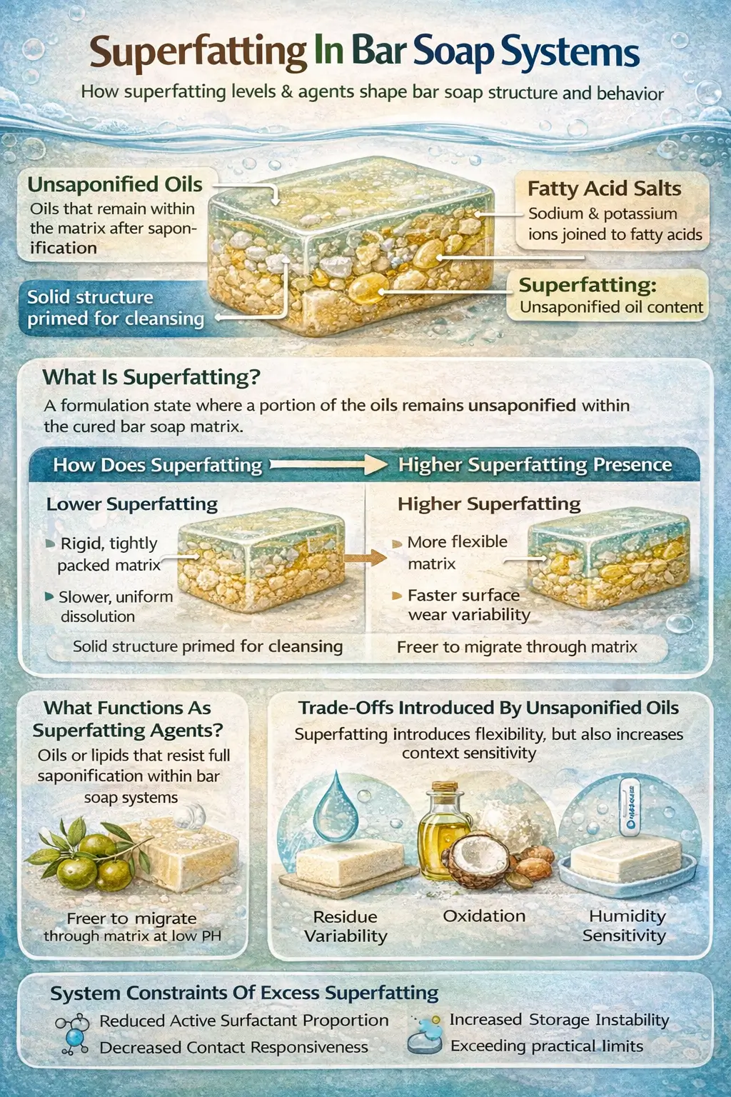Diagram illustrating superfatting in a bar soap matrix with unsaponified oils