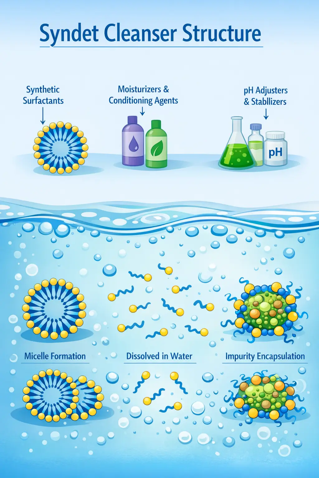 Conceptual diagram showing syndet cleanser structure with synthetic surfactants dispersed in water