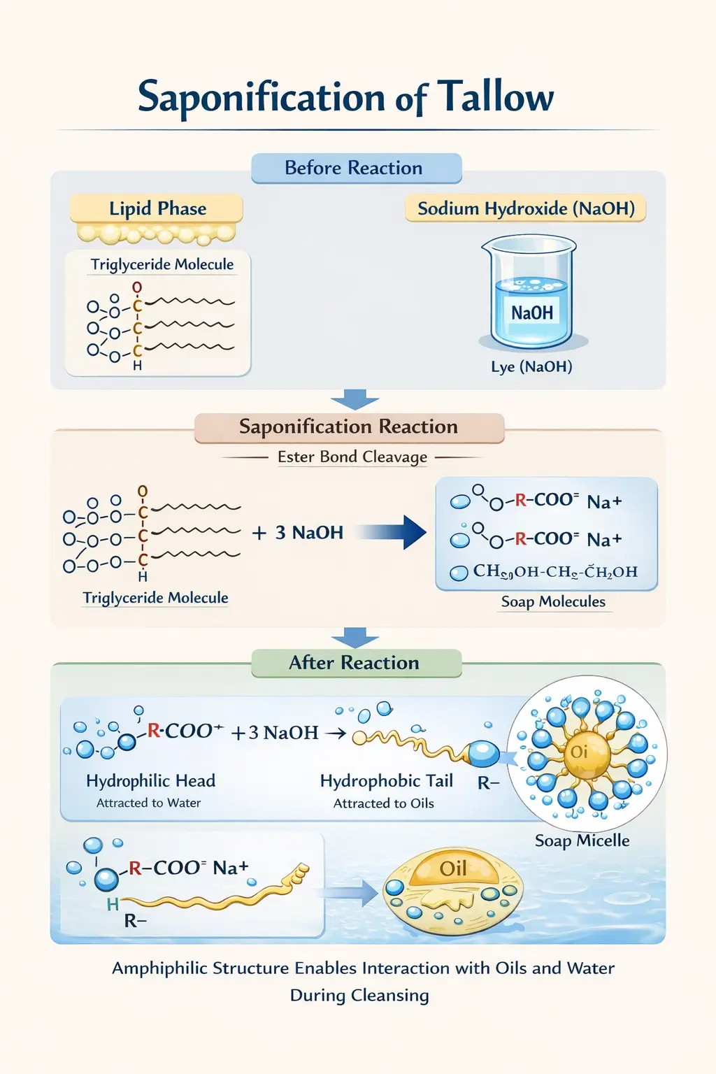 Diagram showing triglyceride tallow reacting with sodium hydroxide to form soap molecules and glycerol, illustrating amphiphilic structure formation