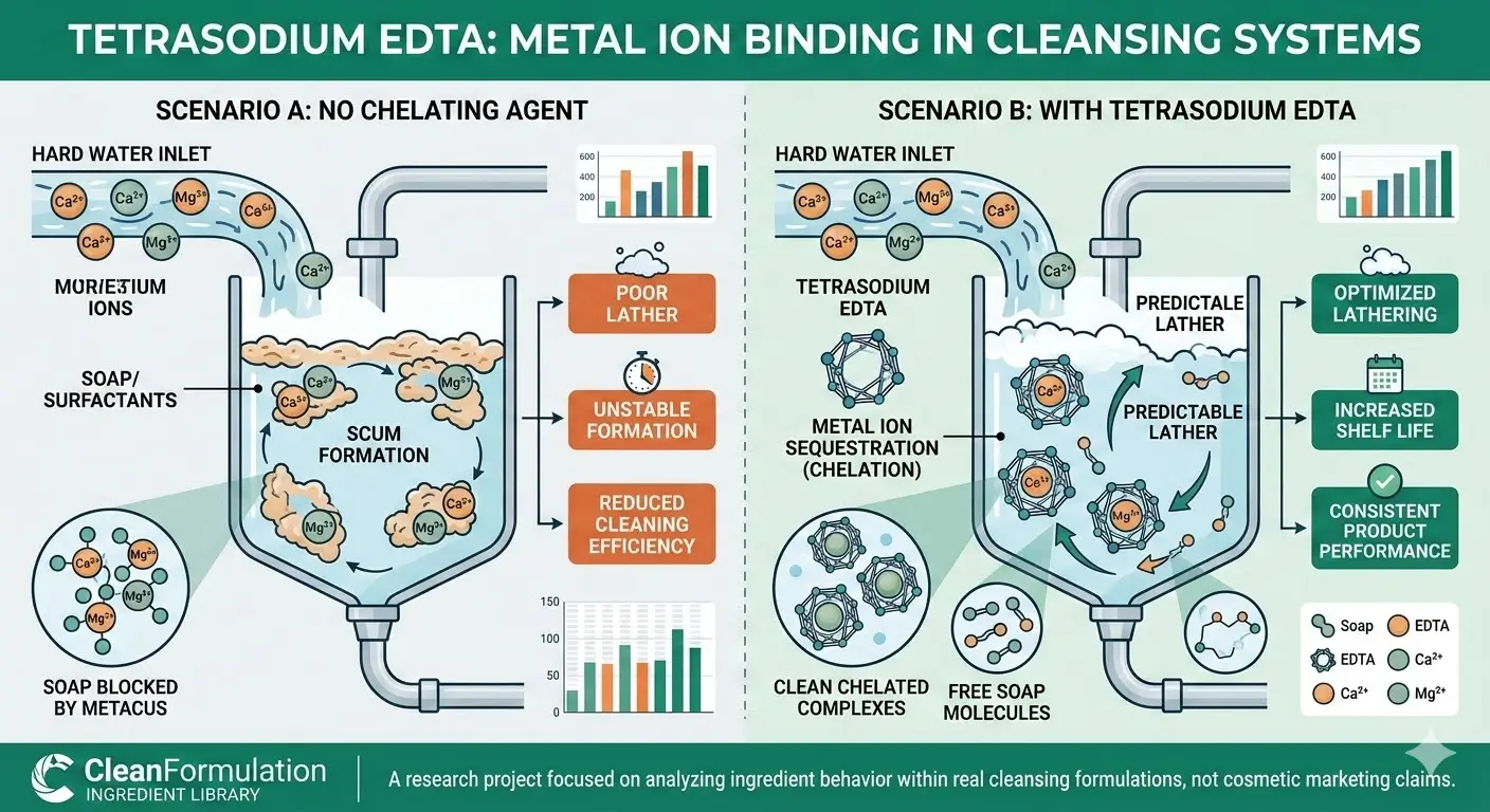 Scientific diagram comparing soap performance in hard water with and without Tetrasodium EDTA, illustrating metal ion sequestration (chelation) of Calcium and Magnesium.