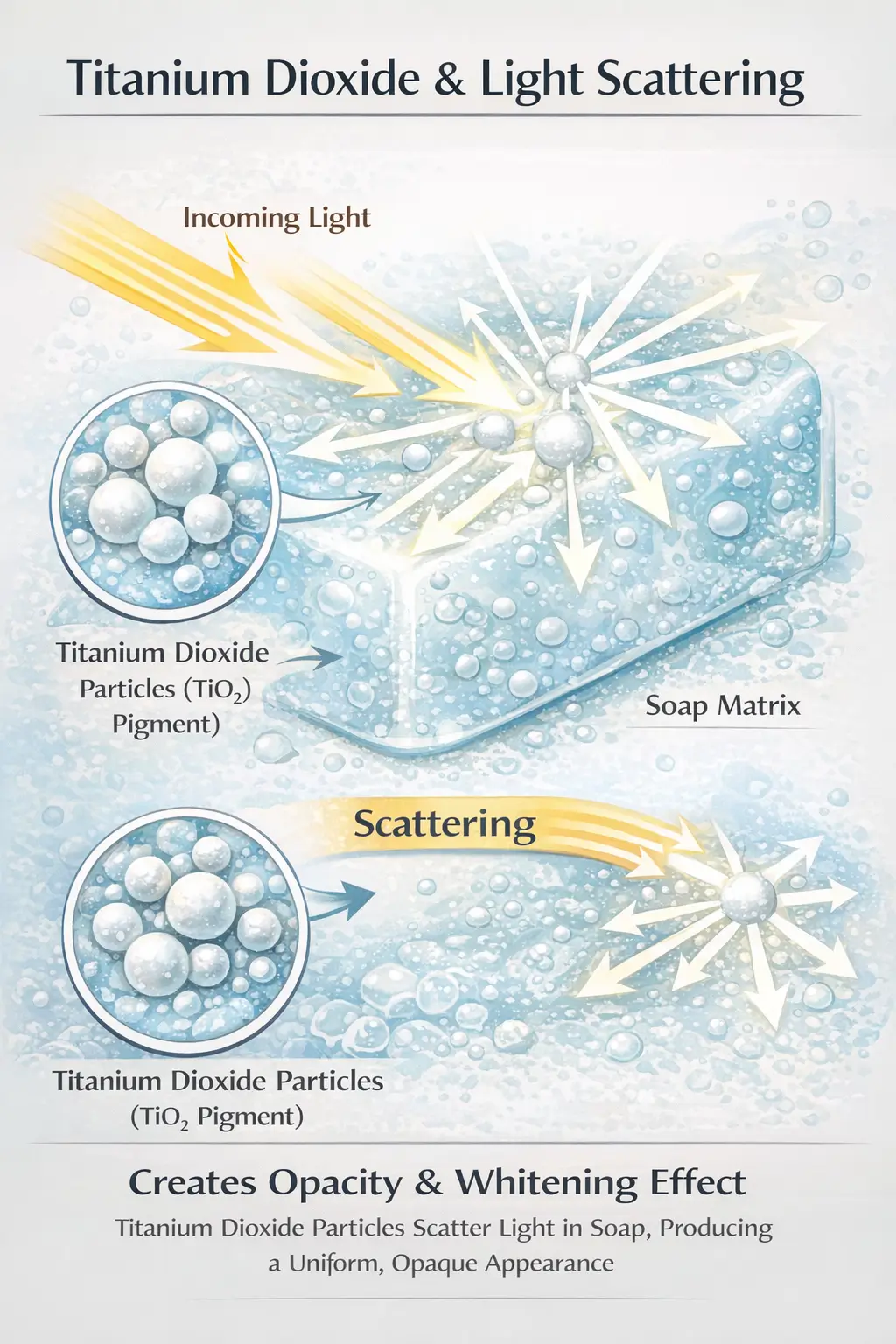 Titanium dioxide particles scattering light within soap matrix creating opacity and whitening effect
