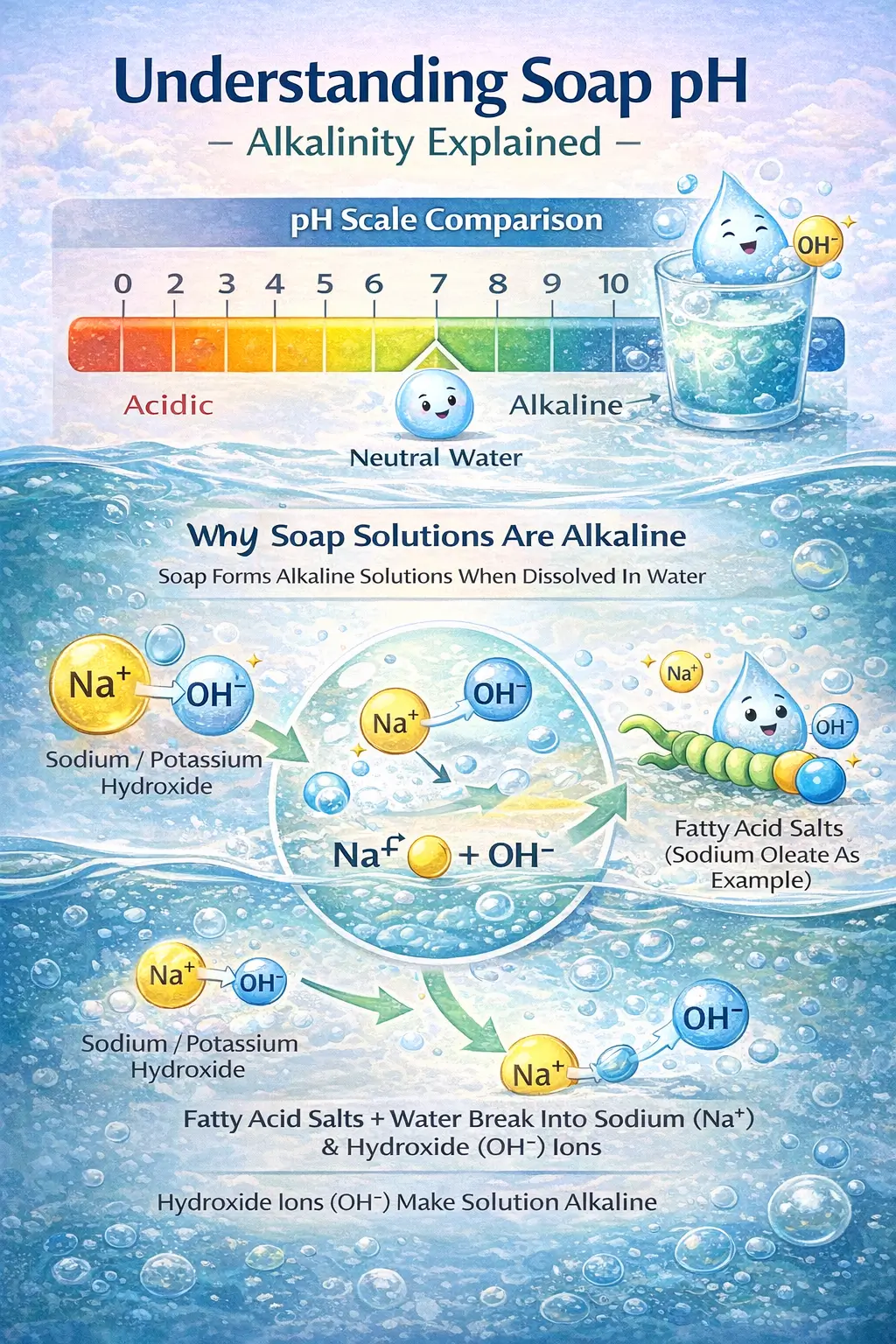 Illustration showing the alkaline nature of soap solutions compared to neutral water