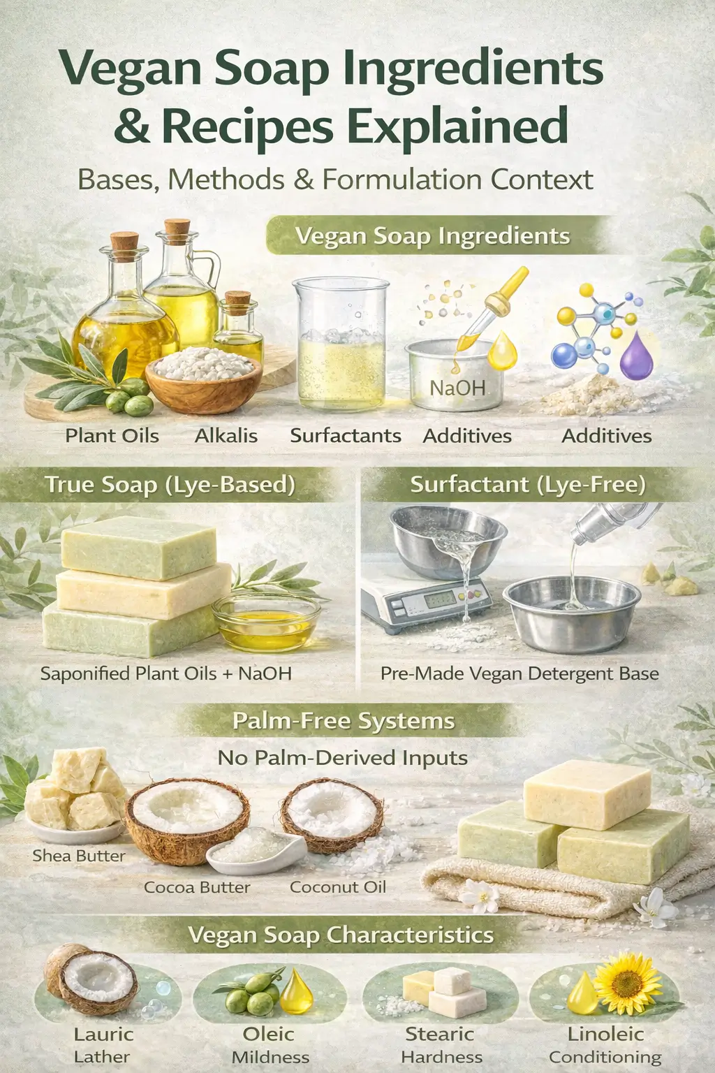 Plant-based oils, alkali solution, and cured vegan soap bars illustrating animal-free soap formulation systems