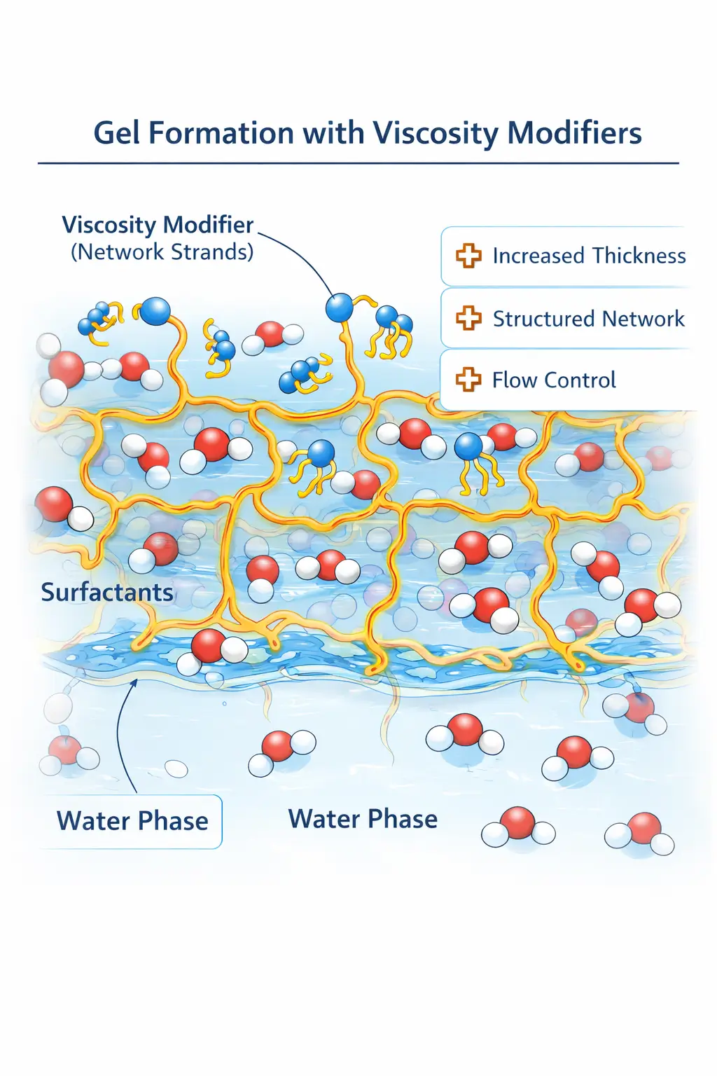 Diagram showing how viscosity modifiers organize water and surfactant phases to create thicker gel structures