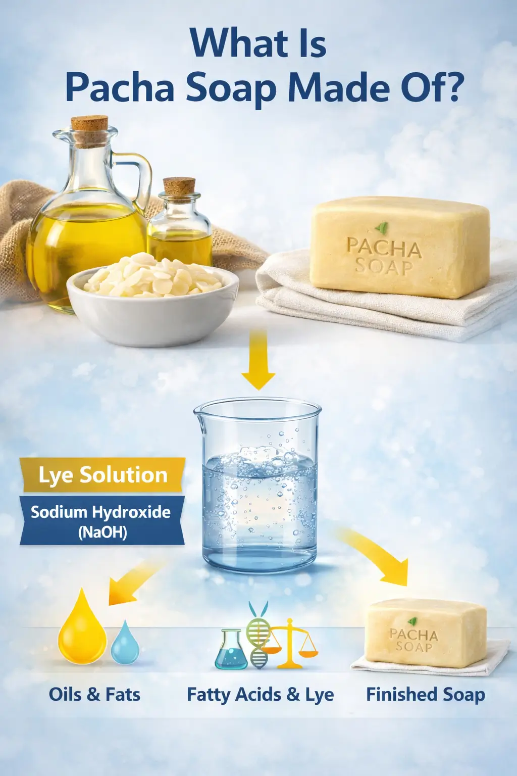 Plant-based oils, lye solution, and cured bar structure used in Pacha Soap formulations
