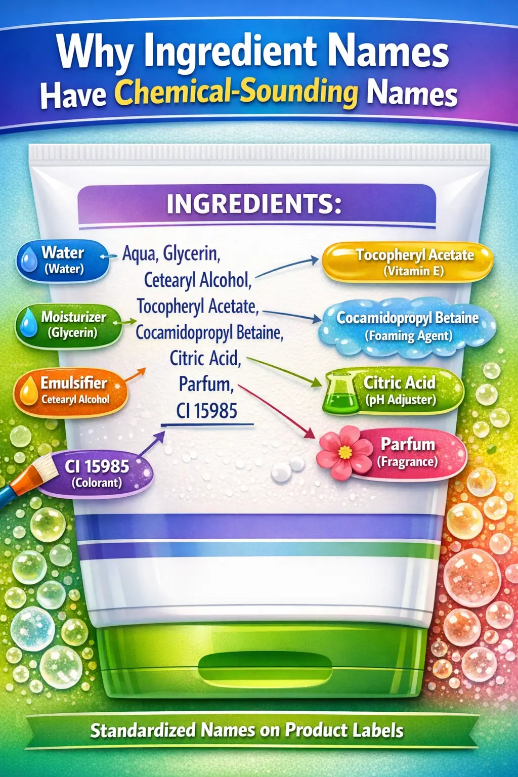 Ingredient label showing formal ingredient names written according to European labeling standards