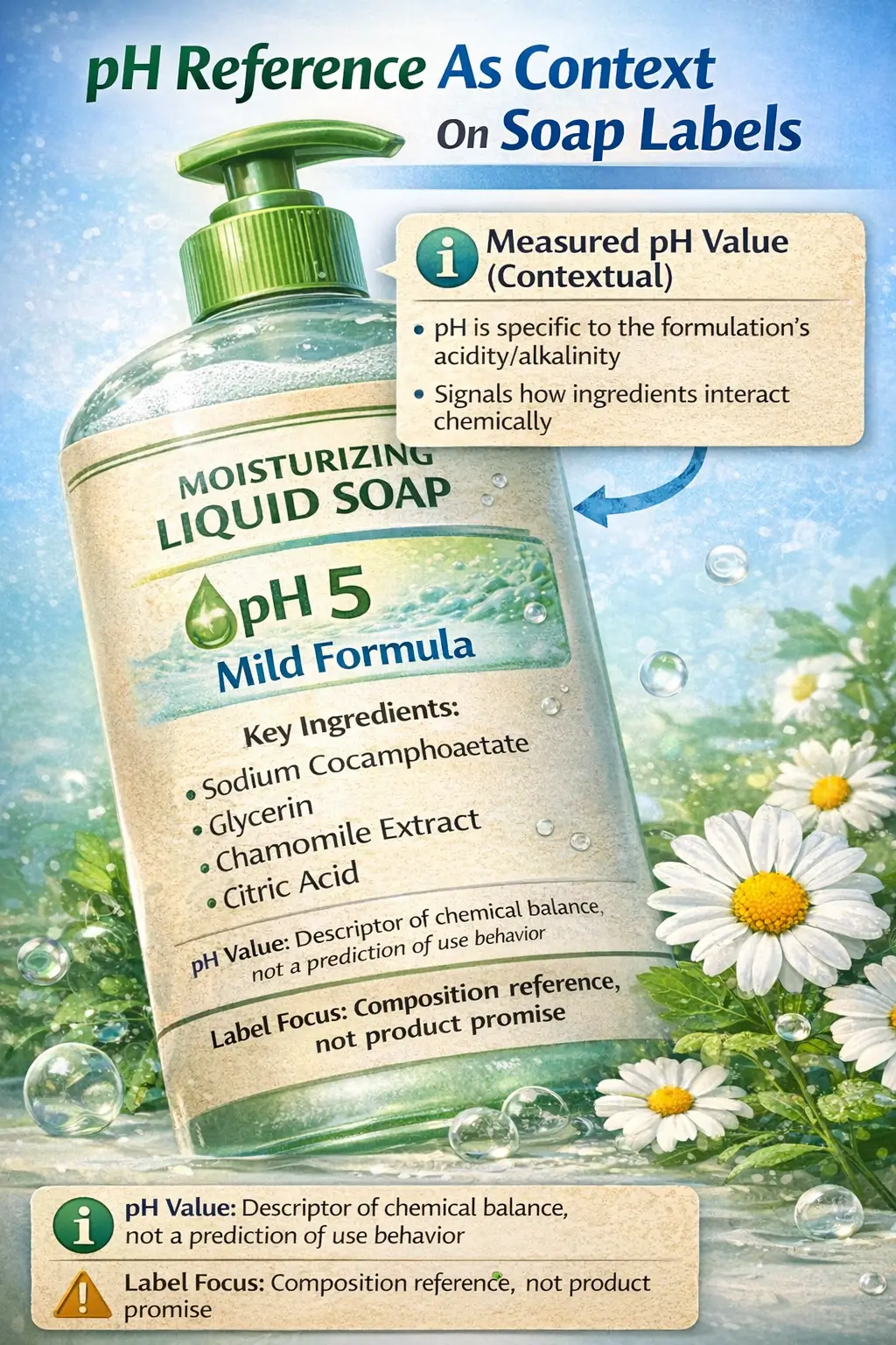 Soap label illustrating pH references and formulation context without performance claims