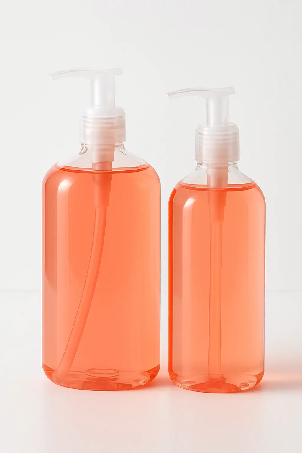 Studio image of grapefruit hand soap and grapefruit dish soap bottles in neutral scientific lighting showing translucent pink-orange liquid