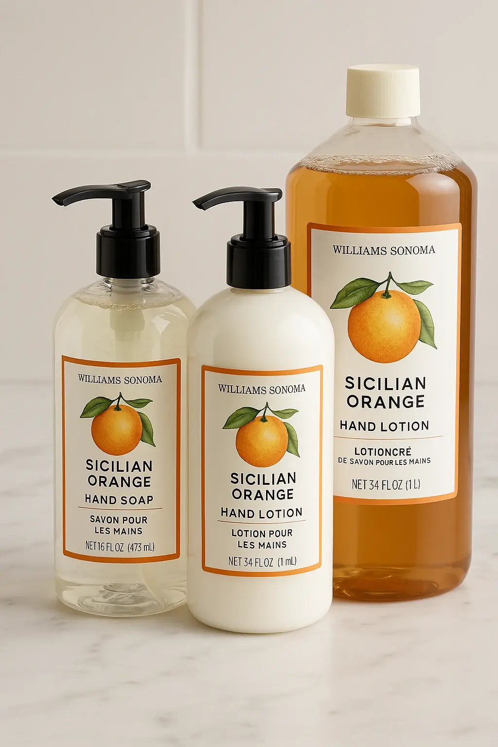 Williams Sonoma hand soap bottle placed beside lotion, showing liquid clarity and packaging style