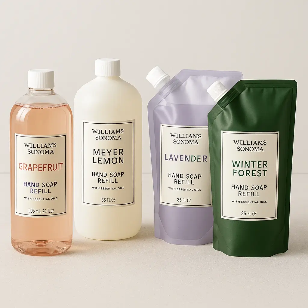 Assorted Williams Sonoma hand soap refill bottles and pouches in grapefruit, lemon, lavender and winter forest scents on a neutral background