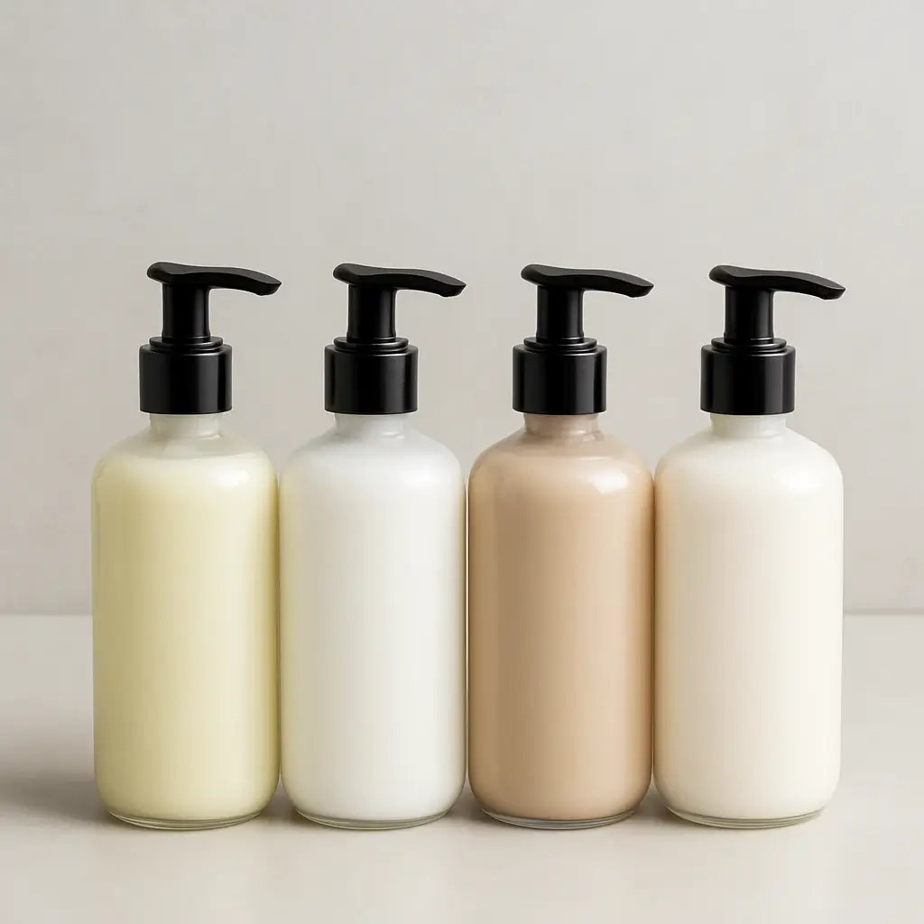 A clean studio-style representation of Williams Sonoma lotion bottles under neutral lighting