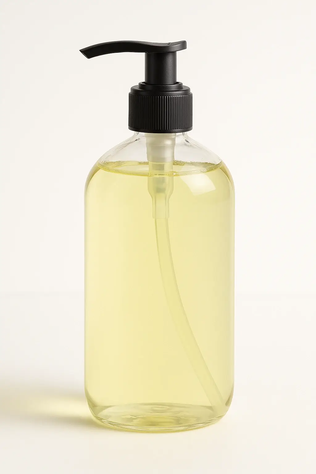 Meyer lemon hand soap bottle in neutral scientific lighting showing translucent yellow liquid and pump dispenser