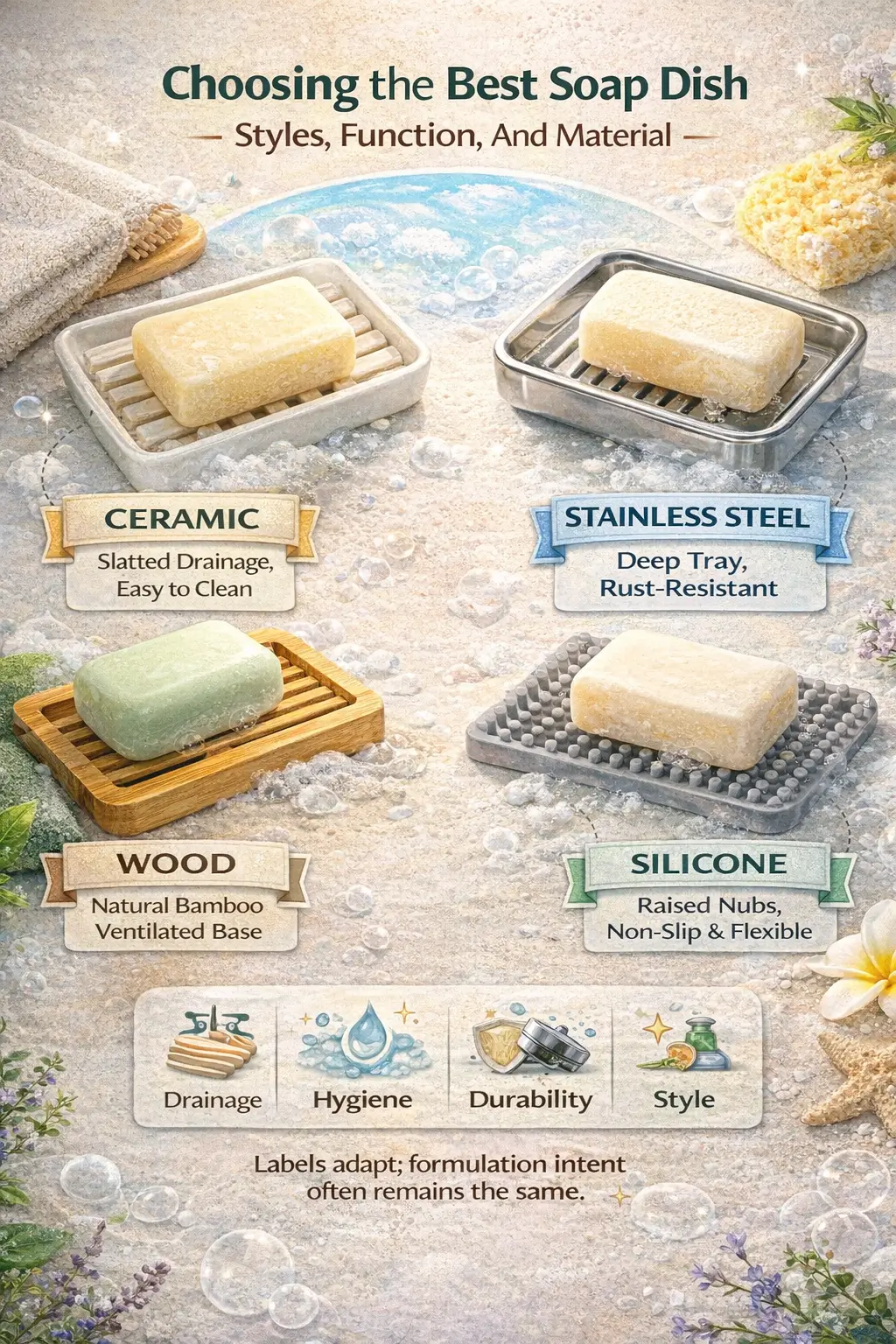 Collection of soap dishes showing slatted ceramic, stainless steel tray, and silicone drainage pad - neutral flat-lay