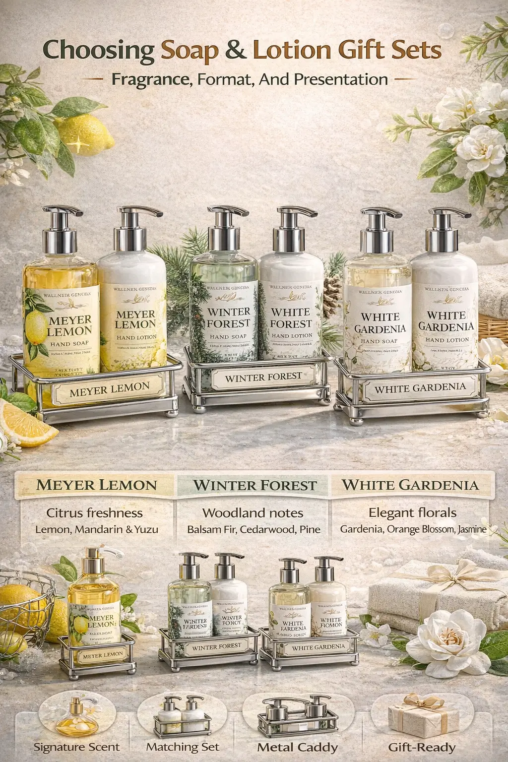Williams Sonoma soap and lotion gift sets showing Meyer Lemon, Winter Forest and White Gardenia bottles in neutral studio lighting