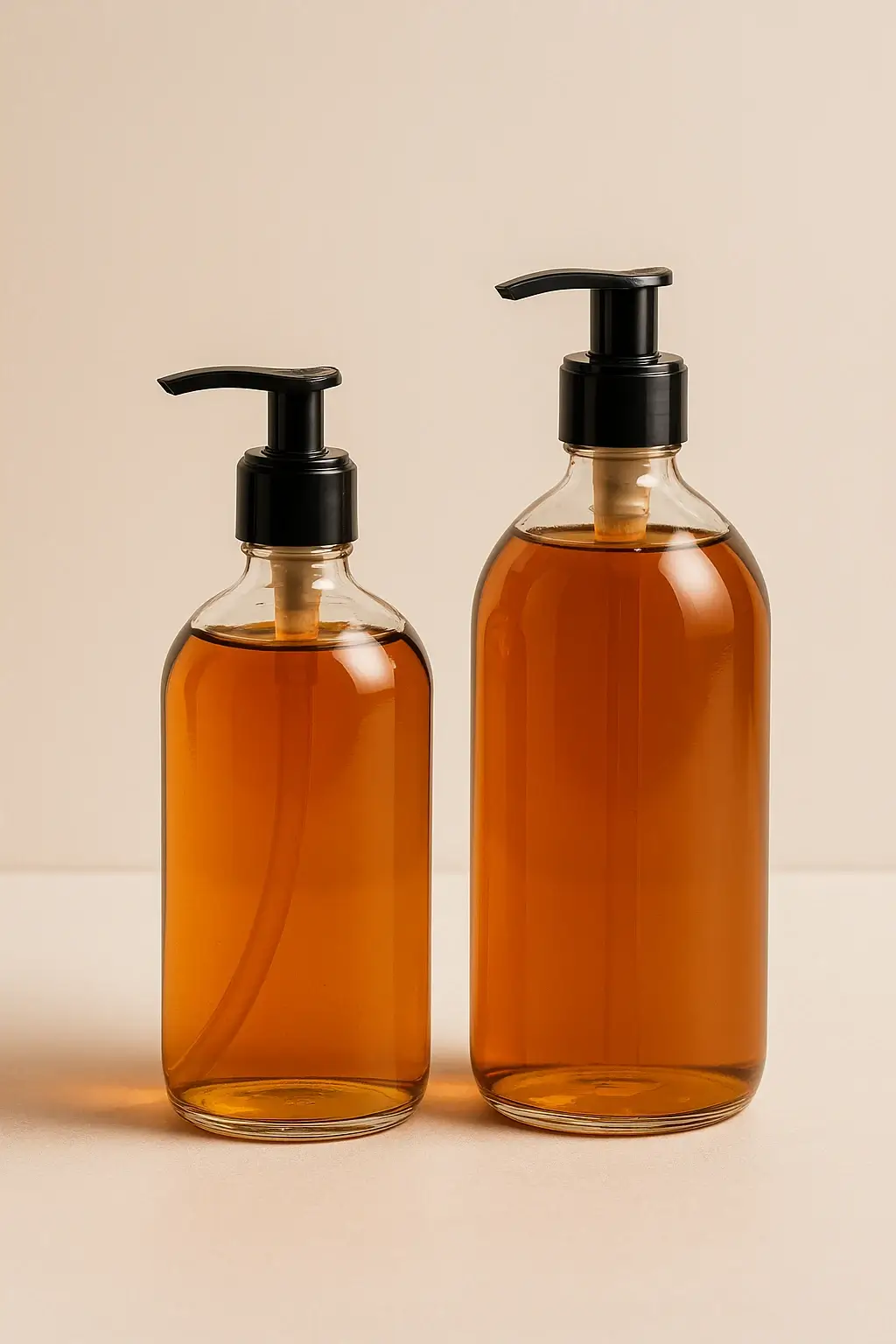 Studio-lit Spiced Chestnut seasonal liquid soap products showing warm amber tones and clean formulation clarity