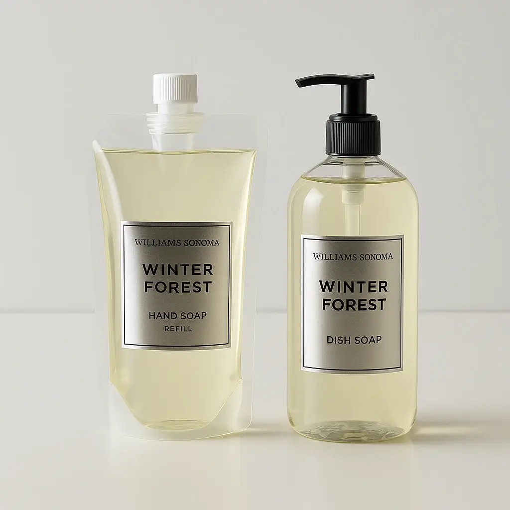 Williams Sonoma Winter Forest soap and dish soap bottles displayed in neutral scientific lighting with evergreen-toned liquid