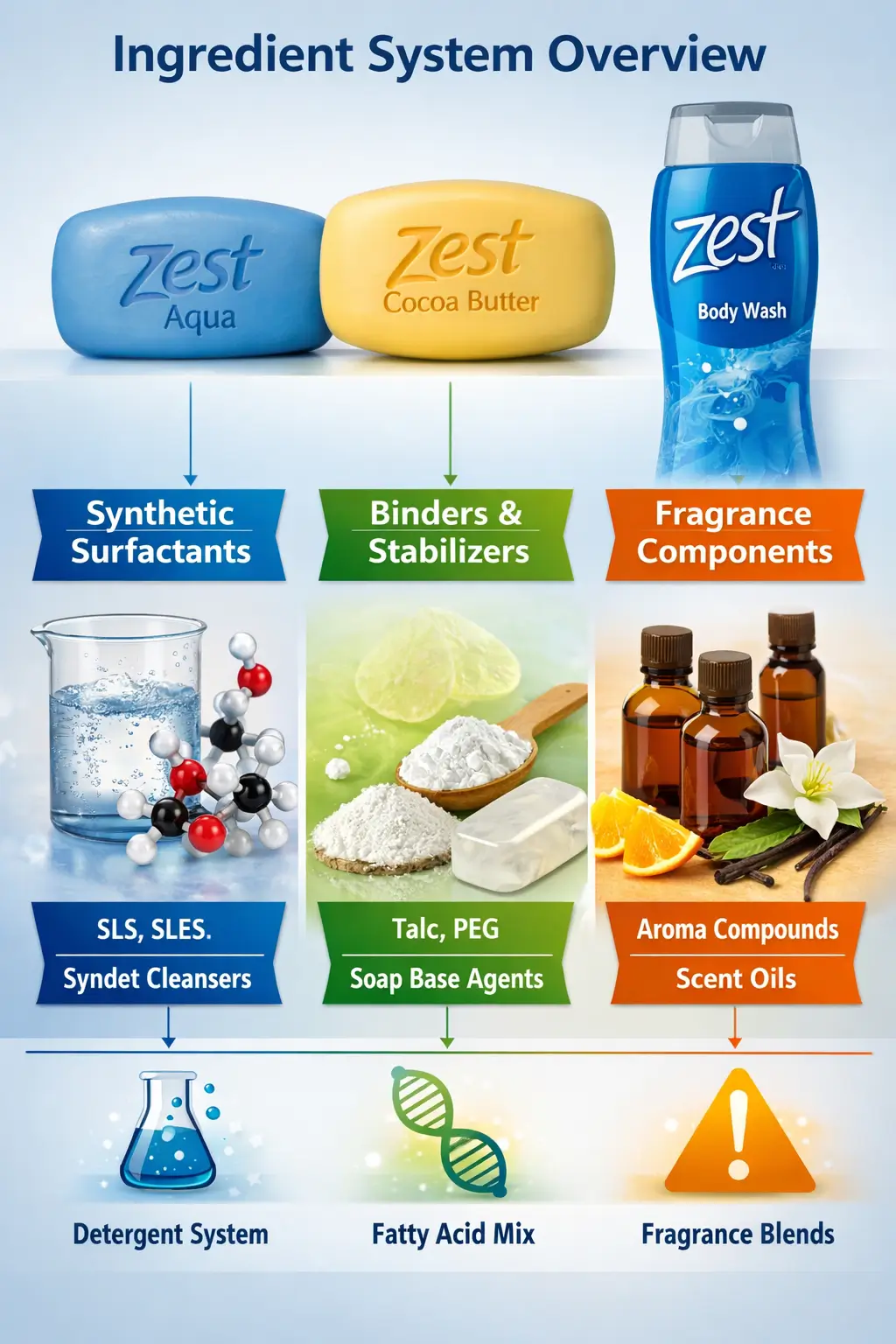 Ingredient system overview of Zest soap bars and body wash showing synthetic surfactants, binders, and fragrance components