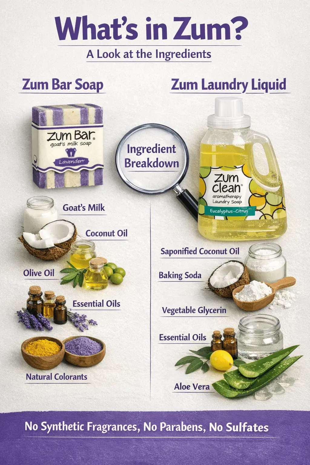Ingredient-focused analysis of Zum bar soap, laundry soap, hand soap, and lotion formulations